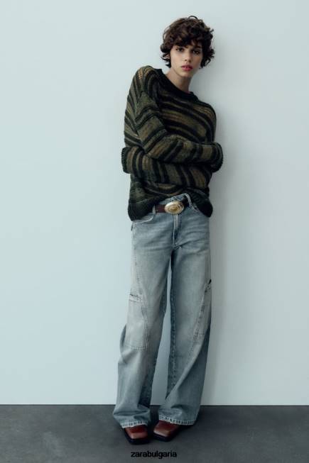 Zara облекло 66FT505 Жени trf карго дънки със средна талия син