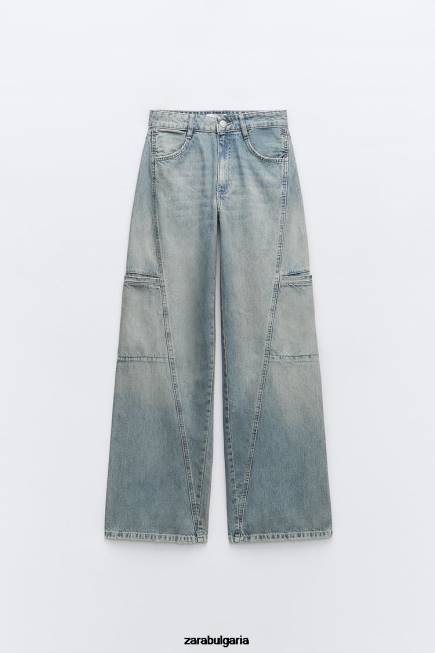 Zara облекло 66FT505 Жени trf карго дънки със средна талия син