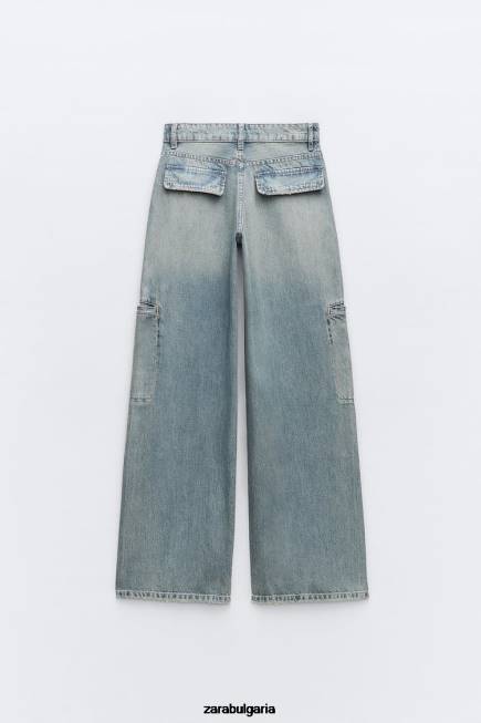 Zara облекло 66FT505 Жени trf карго дънки със средна талия син
