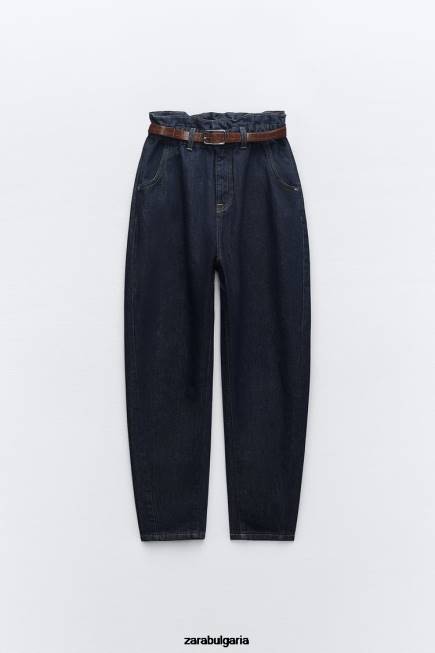 Zara облекло 66FT506 Жени z1975 дънки с колан с висока талия paperbag син