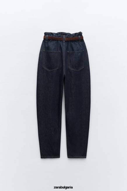 Zara облекло 66FT506 Жени z1975 дънки с колан с висока талия paperbag син