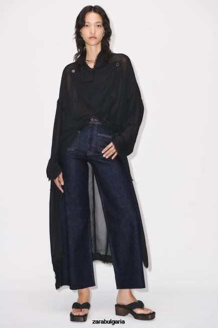 Zara облекло 66FT517 Жени zw морски дънки с висока талия с прави джобове син