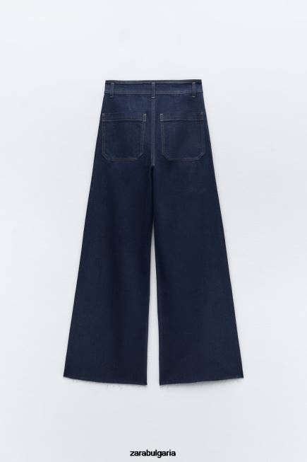 Zara облекло 66FT517 Жени zw морски дънки с висока талия с прави джобове син