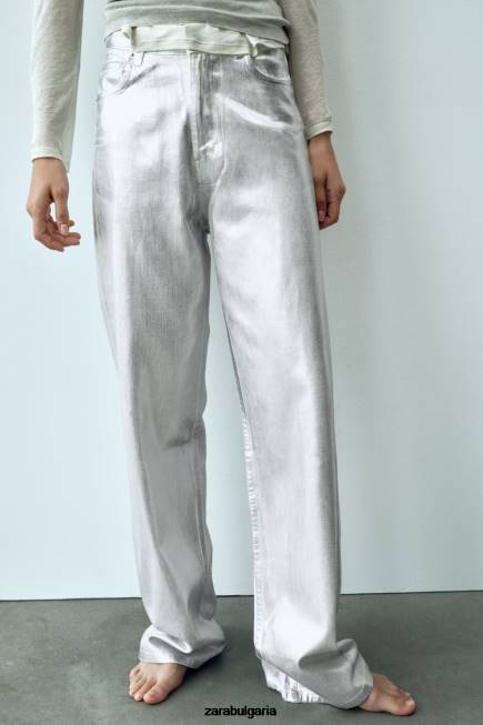 Zara облекло 66FT520 Жени trf метални дънки с висока талия бяло