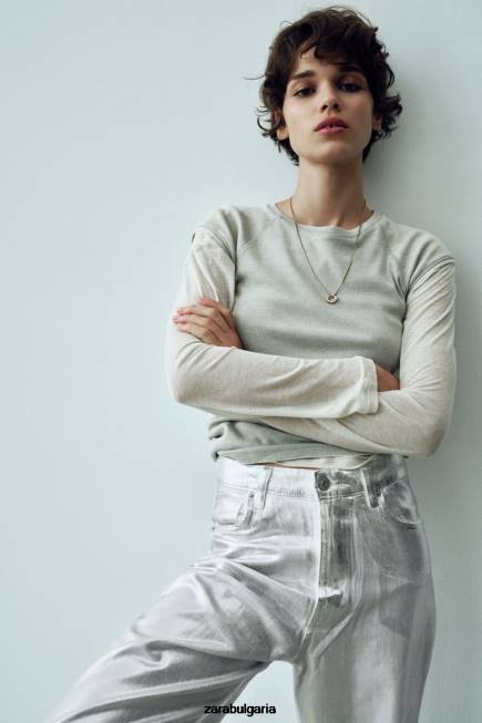 Zara облекло 66FT520 Жени trf метални дънки с висока талия бяло