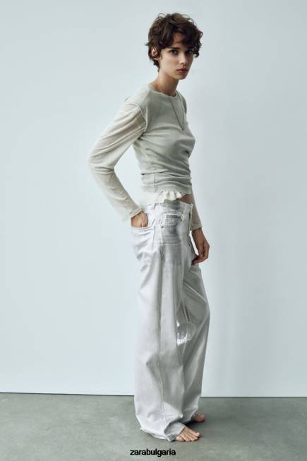 Zara облекло 66FT520 Жени trf метални дънки с висока талия бяло