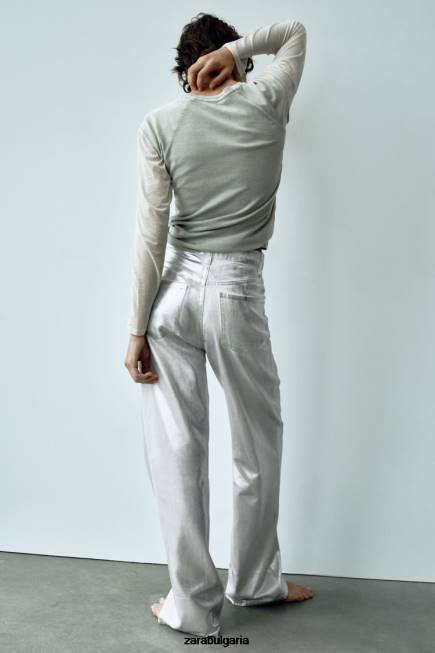 Zara облекло 66FT520 Жени trf метални дънки с висока талия бяло