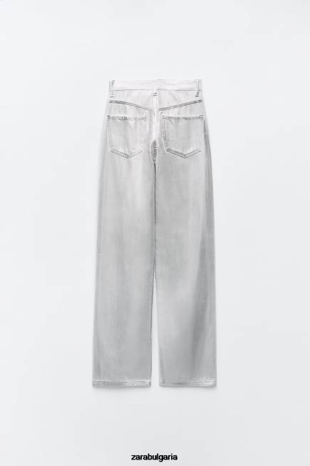 Zara облекло 66FT520 Жени trf метални дънки с висока талия бяло