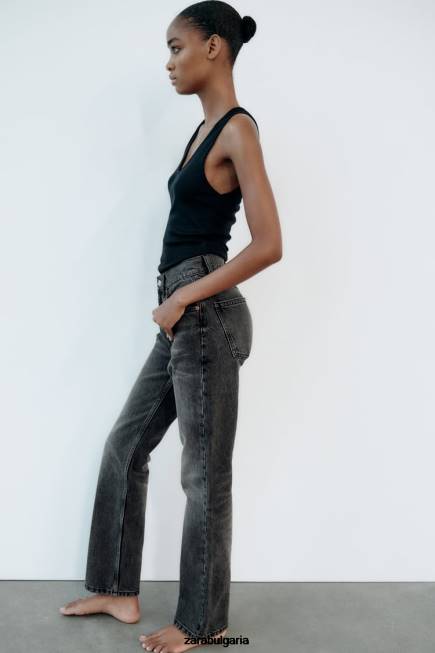 Zara облекло 66FT523 Жени дънки с прав крачол trf с висока талия антрацитно сиво