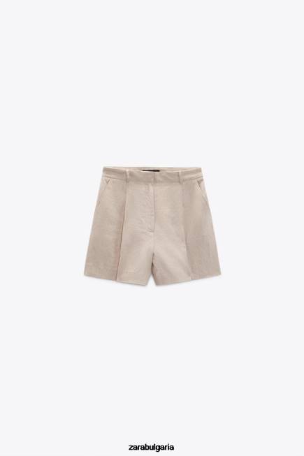 Zara облекло 66FT533 Жени шорти от ленена смес с висока талия светло бежово