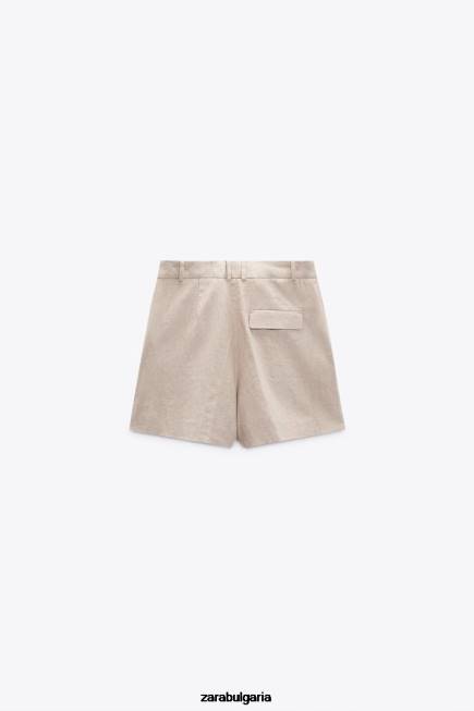 Zara облекло 66FT533 Жени шорти от ленена смес с висока талия светло бежово