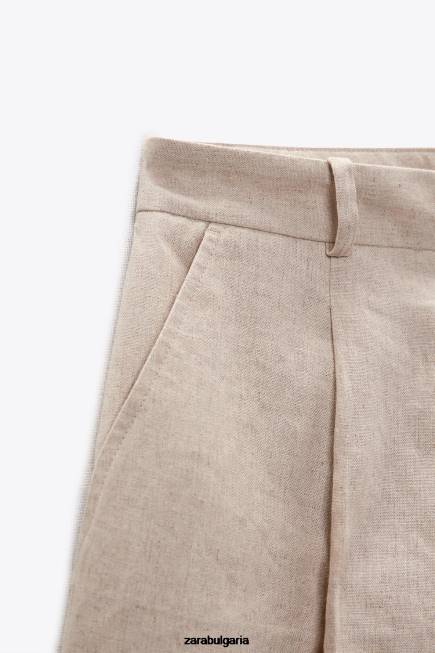 Zara облекло 66FT533 Жени шорти от ленена смес с висока талия светло бежово