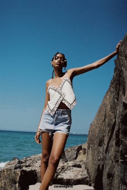 Zara облекло 66FT541 Жени trf дънкови шорти с висока талия светло синьо