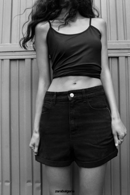 Zara облекло 66FT545 Жени 1975 дънкови къси панталони с висока талия черен