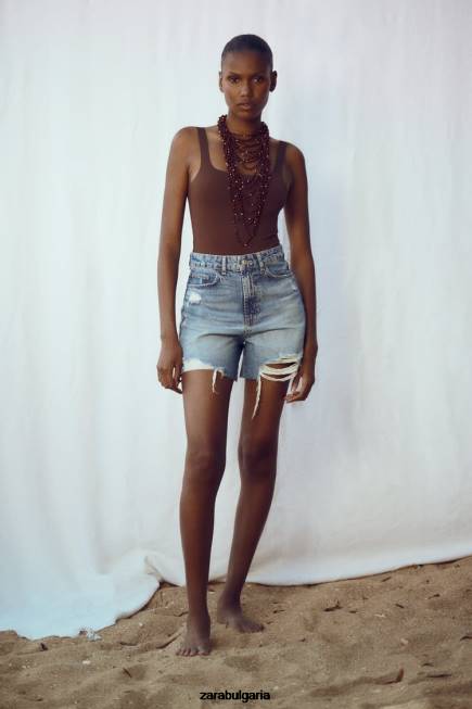 Zara облекло 66FT555 Жени скъсани дънкови шорти z1975 средно синьо
