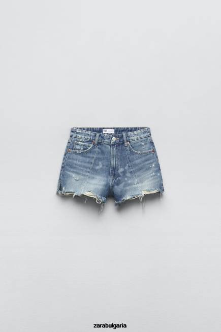 Zara облекло 66FT563 Жени къси дънкови панталони trf пачуърк с висока талия син