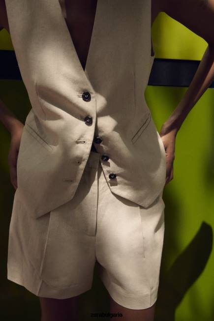 Zara облекло 66FT574 Жени шорти от ленена смес с висока талия светло бежово