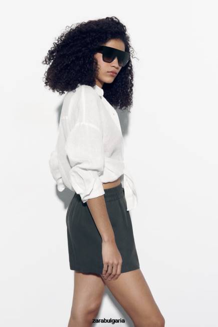 Zara облекло 66FT577 Жени ленени къси панталони с еластичен колан антрацитно сиво