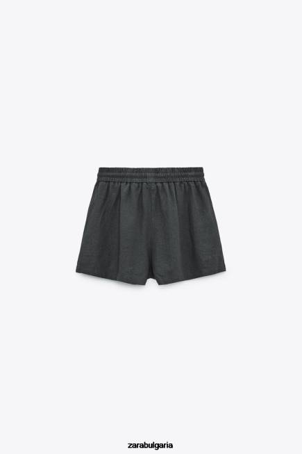 Zara облекло 66FT577 Жени ленени къси панталони с еластичен колан антрацитно сиво