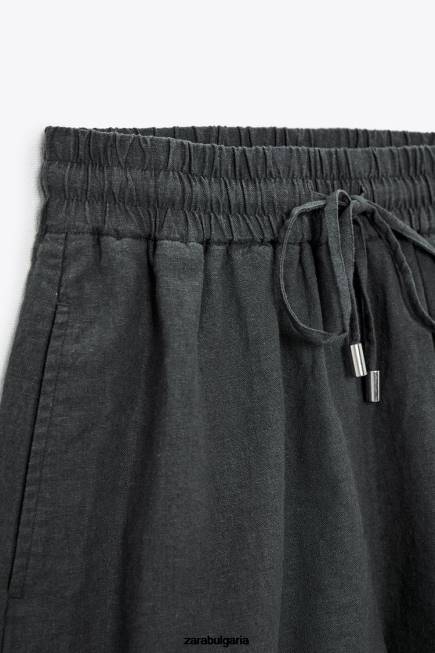 Zara облекло 66FT577 Жени ленени къси панталони с еластичен колан антрацитно сиво
