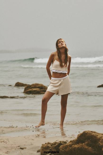 Zara облекло 66FT584 Жени къси панталони от поплин с сатенен ефект камък