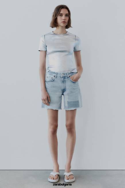 Zara облекло 66FT587 Жени trf дънкови къси панталони със средна талия син