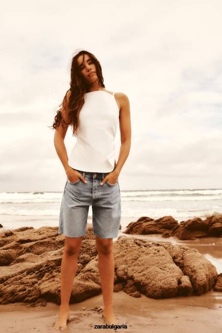 Zara облекло 66FT596 Жени trf дънкови шорти със средна талия светло синьо