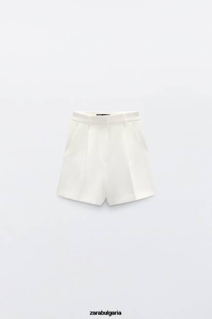 Zara облекло 66FT599 Жени плисирани шорти с висока талия бяла стрида