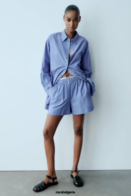 Zara облекло 66FT600 Жени раирани шорти от поплин син