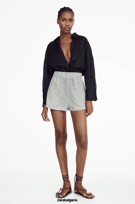 Zara облекло 66FT613 Жени шорти с бродирани капси екрю/синьо