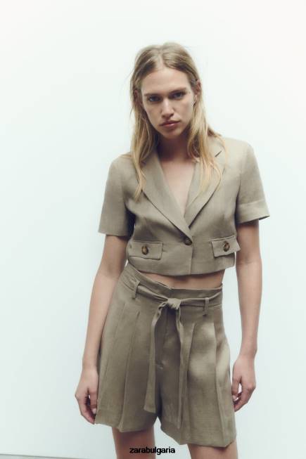 Zara облекло 66FT616 Жени вързани ленени шорти бежово