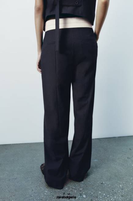 Zara облекло 66FT483 Жени zw колекция панталони с прави крачоли с контрастна талия тъмносин