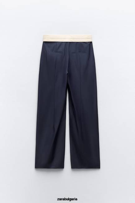 Zara облекло 66FT483 Жени zw колекция панталони с прави крачоли с контрастна талия тъмносин