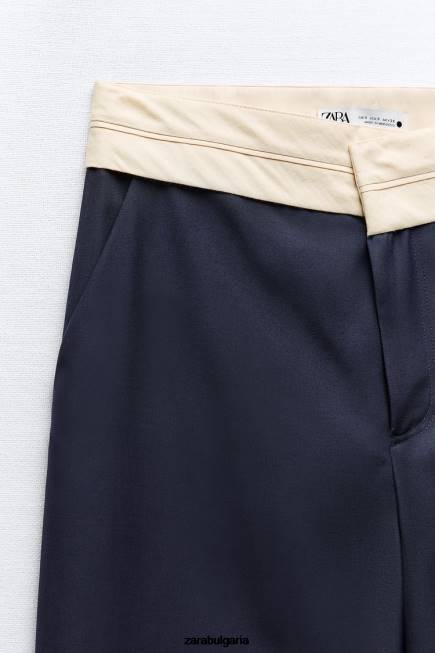 Zara облекло 66FT483 Жени zw колекция панталони с прави крачоли с контрастна талия тъмносин