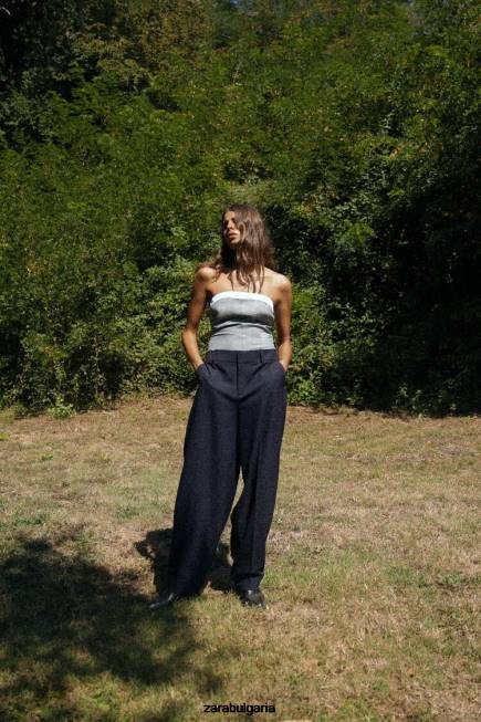 Zara облекло 66FT485 Жени панталони с обърнат маншет с прави крачоли тъмносин