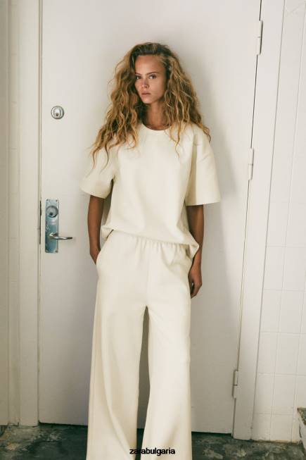 Zara облекло 66FT488 Жени широки плюшени панталони екрю