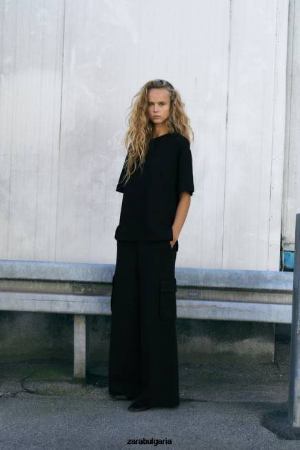 Zara облекло 66FT489 Жени плюшени карго панталони черен