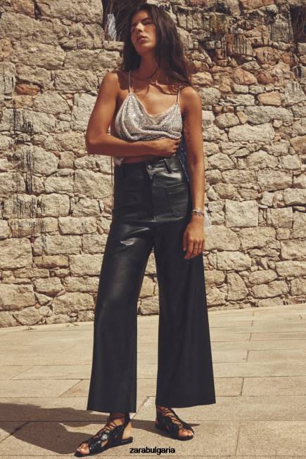 Zara облекло 66FT491 Жени прав панталон от изкуствена кожа zw с висока талия черен