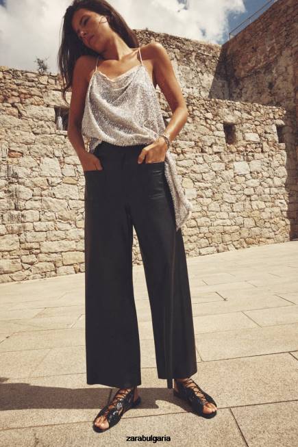 Zara облекло 66FT491 Жени прав панталон от изкуствена кожа zw с висока талия черен
