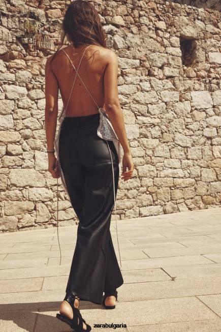 Zara облекло 66FT491 Жени прав панталон от изкуствена кожа zw с висока талия черен