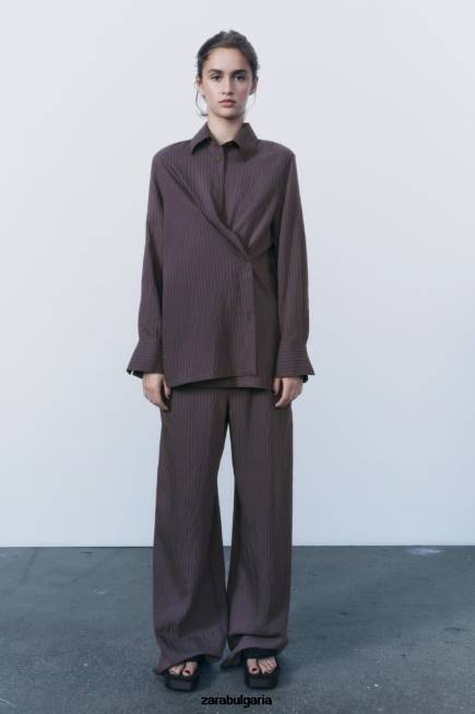 Zara облекло 66FT496 Жени zw колекция минималистични раирани широки панталони кафяво/синьо