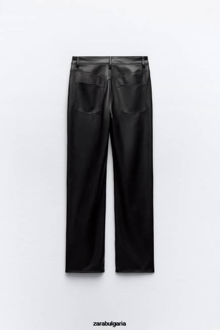 Zara облекло 66FT498 Жени прав панталон с висока талия от изкуствена кожа черен