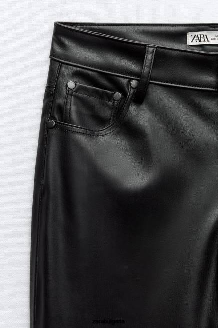 Zara облекло 66FT498 Жени прав панталон с висока талия от изкуствена кожа черен