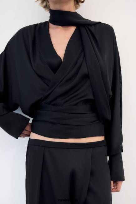 Zara облекло 66FT834 Жени широки сатенени панталони черен