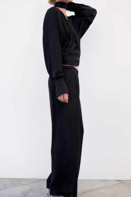 Zara облекло 66FT834 Жени широки сатенени панталони черен