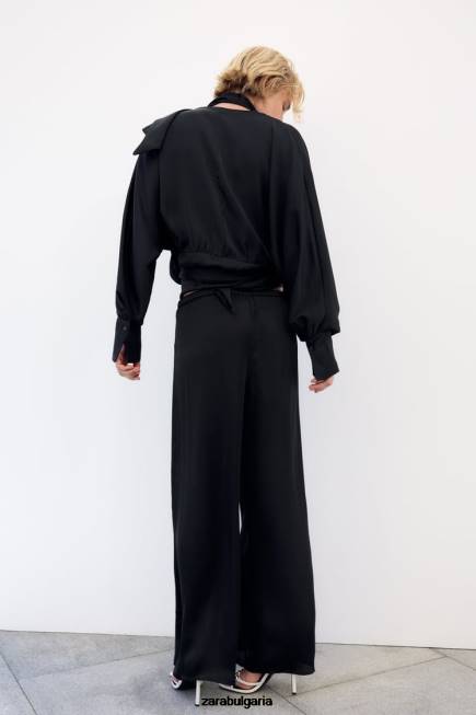 Zara облекло 66FT834 Жени широки сатенени панталони черен