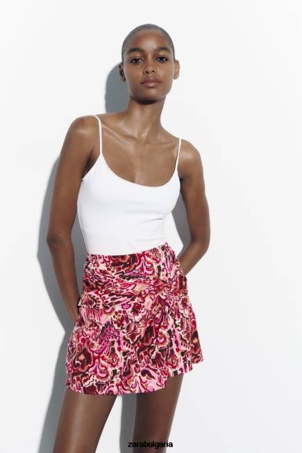 Zara облекло 66FT561 Жени щампована пола с възел средно розово