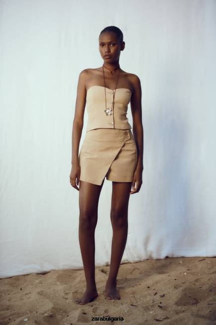 Zara облекло 66FT569 Жени рустикален кросоувър шорт тъмнокафяво