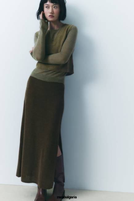 Zara облекло 66FT641 Жени плетена миди пола тъмна маслина