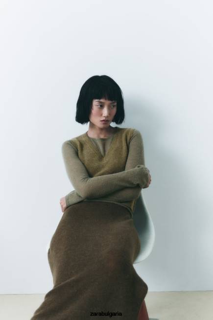 Zara облекло 66FT641 Жени плетена миди пола тъмна маслина